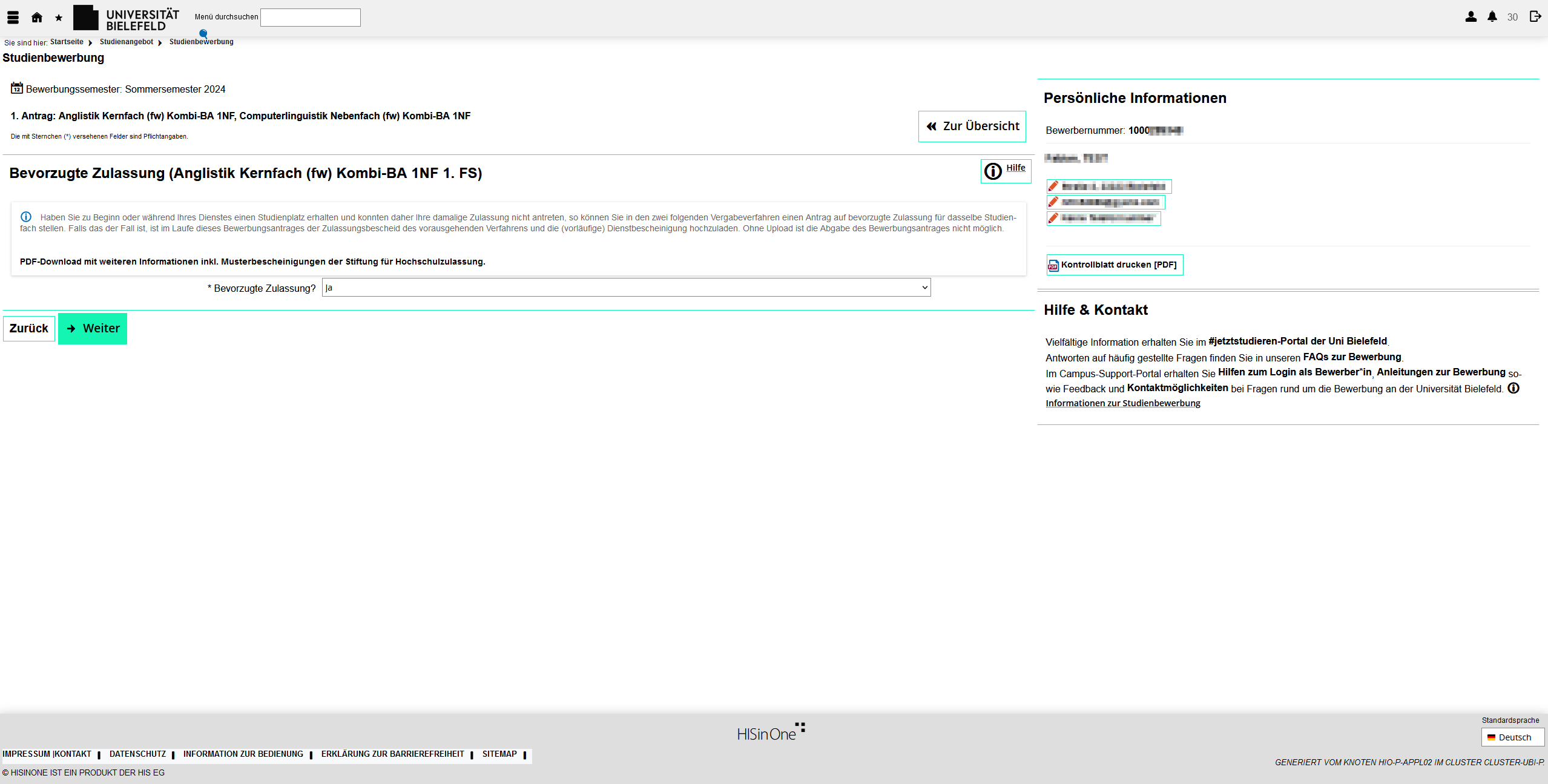 Screenshot: Angaben zum Antrag auf bevorzugte Zulassung im Bewerbungsportal