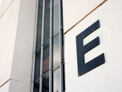 Letter E (for energy money) on a tower of the Bielefeld University 