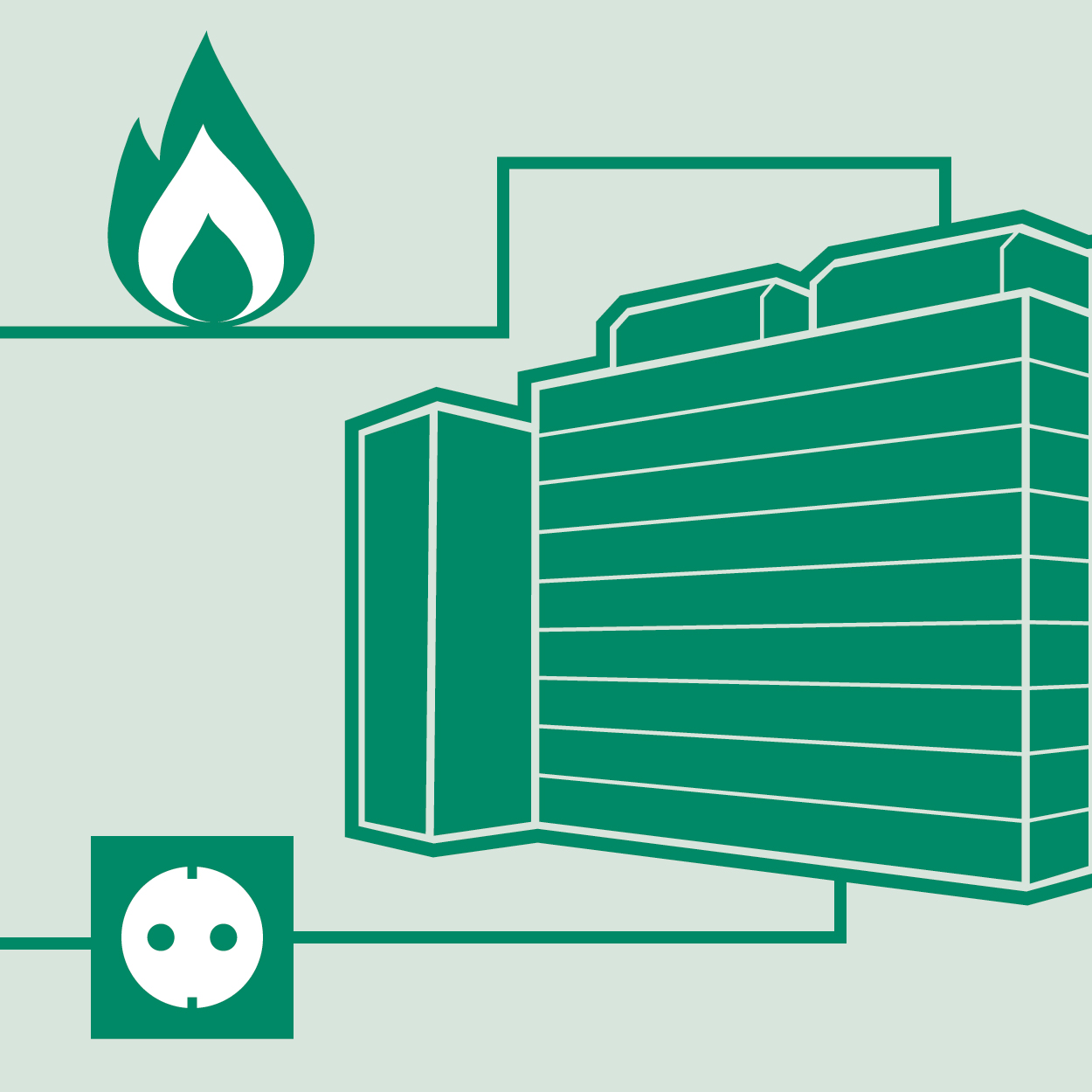 Graphic of the university with plug and gas flame