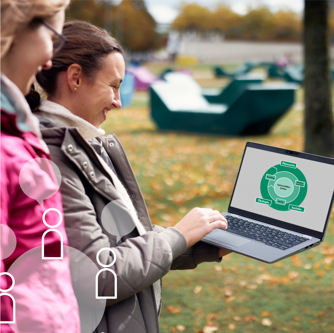 Foto von zwei lachenden Menschen, die auf der Campus-Wiese stehen und auf einen Laptop schauen, auf dem das Nachhaltigkeitsverständnis der Universität Bielefeld abgebildet ist. 