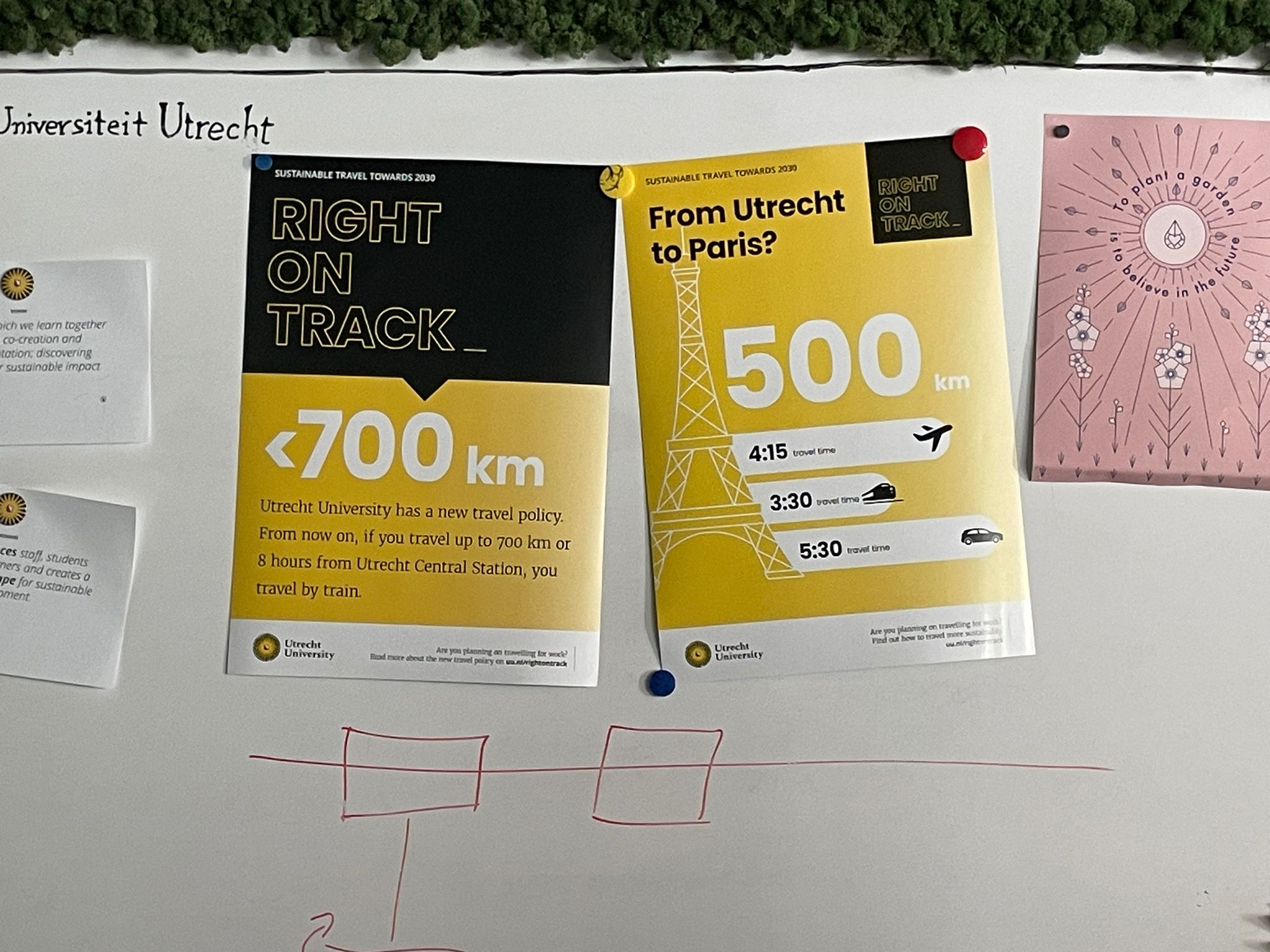 Info posters on the business travel guidelines, which stipulate that up to 8 hours of travel time or up to 700 kilometres distance, the train must always be used.