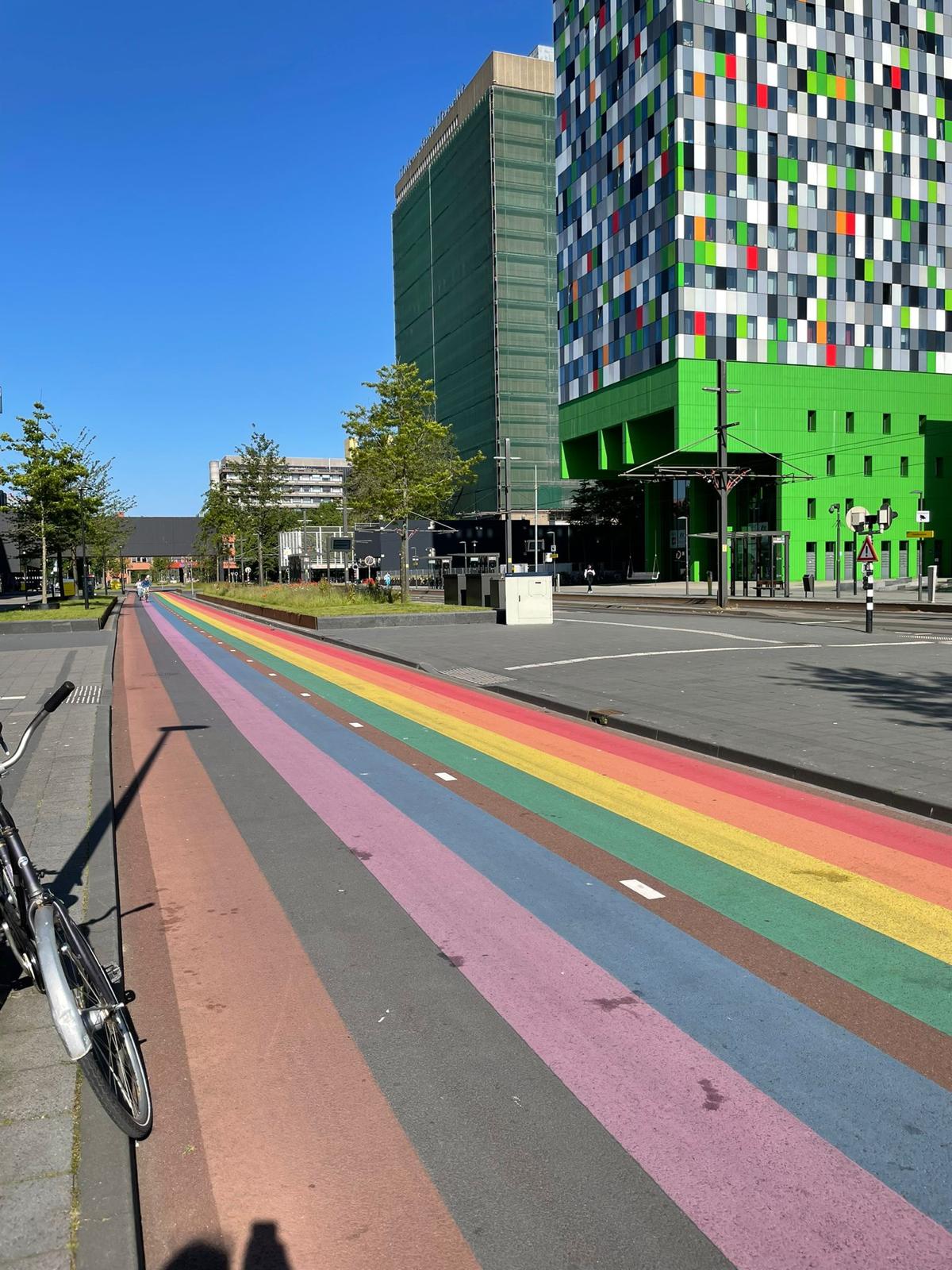 Rainbow coloured bike lane on campus