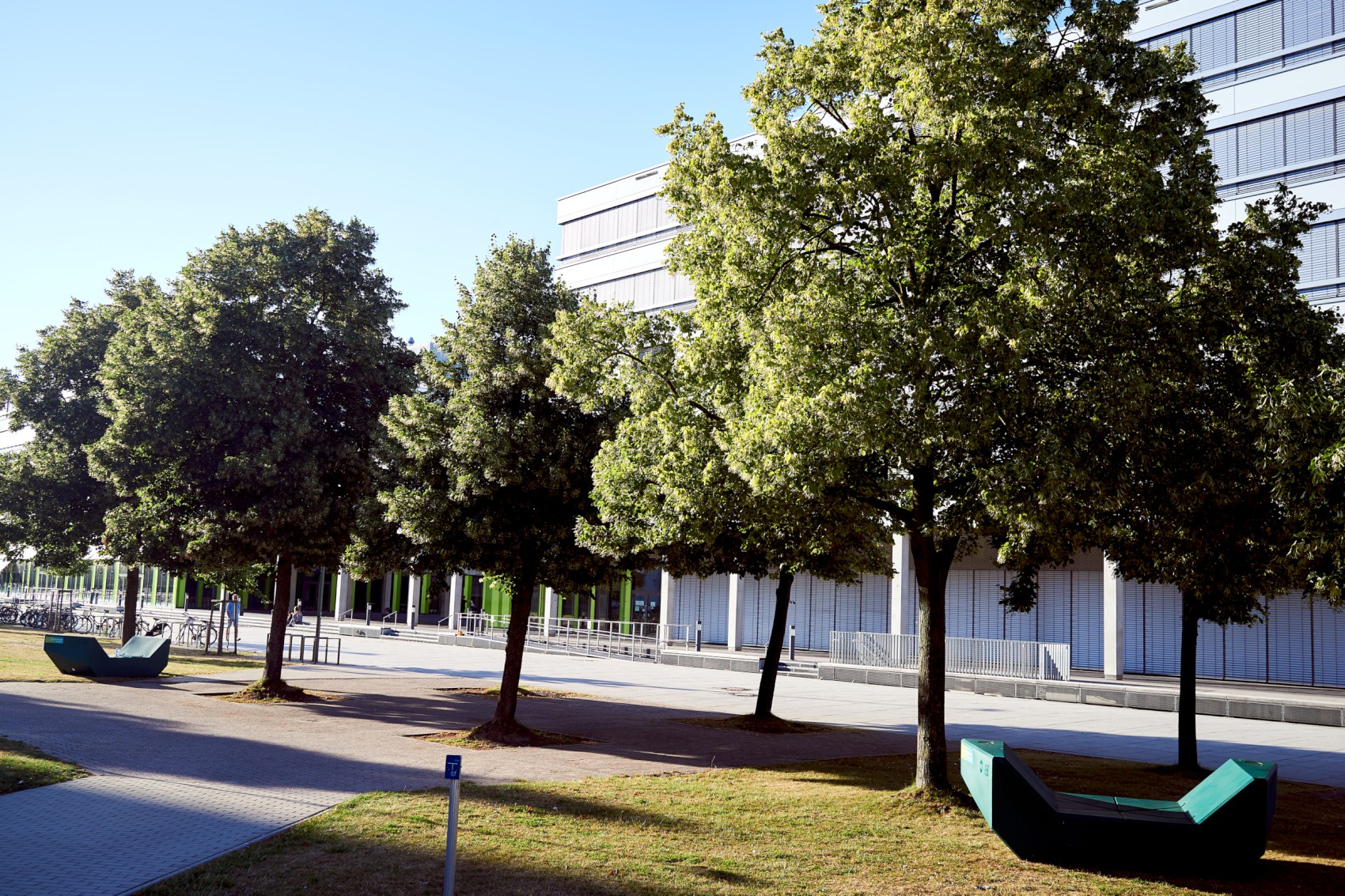 Bäume vor dem Gebäude X der Universität Bielefeld.