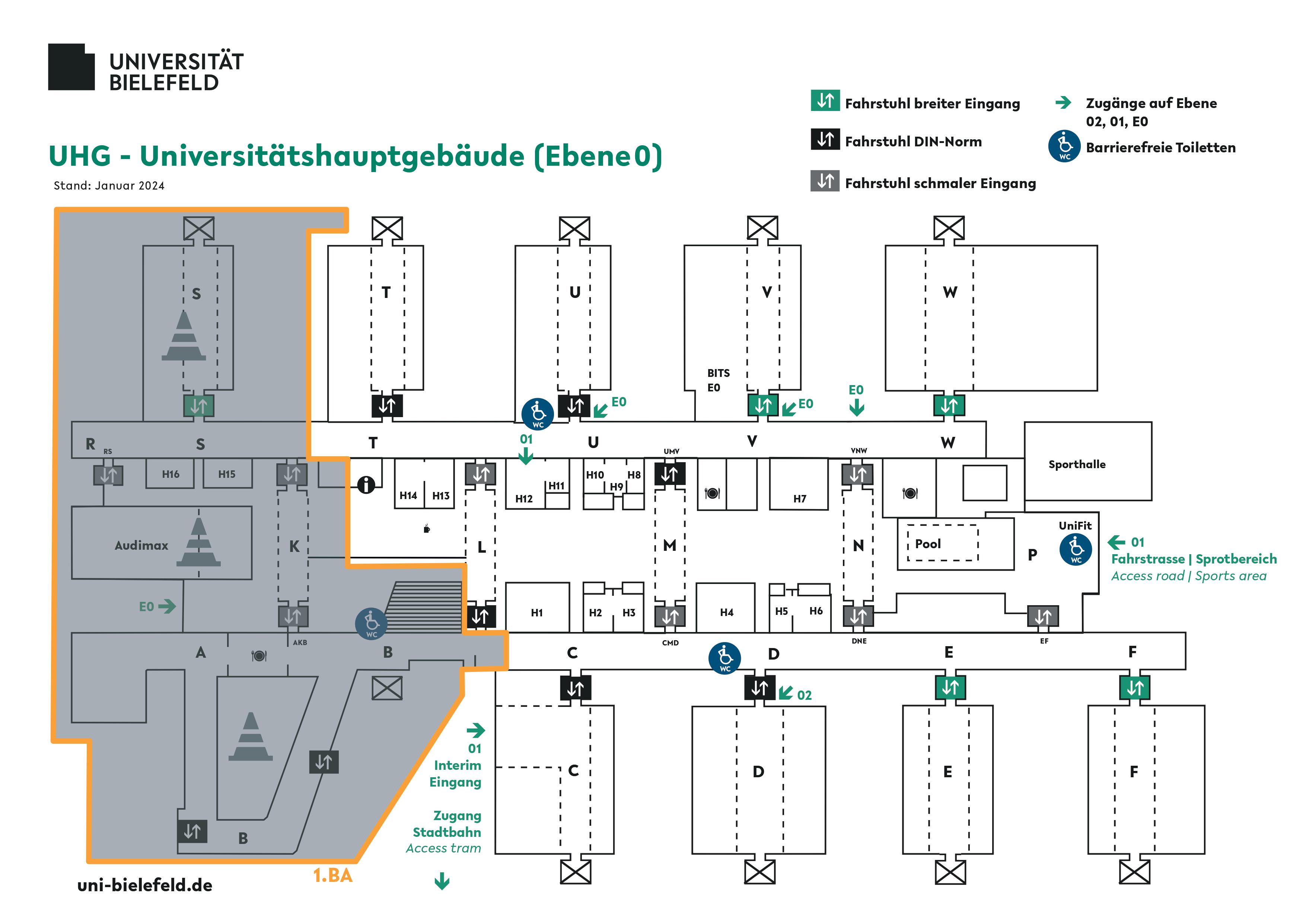 Karte des Uni Hauptgebäudes mit Informationen über die Barrierefreiheit