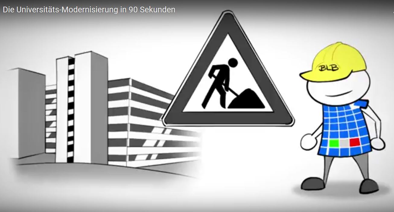 Visualisation of the Main Building, a construction sign and a consctruction worker