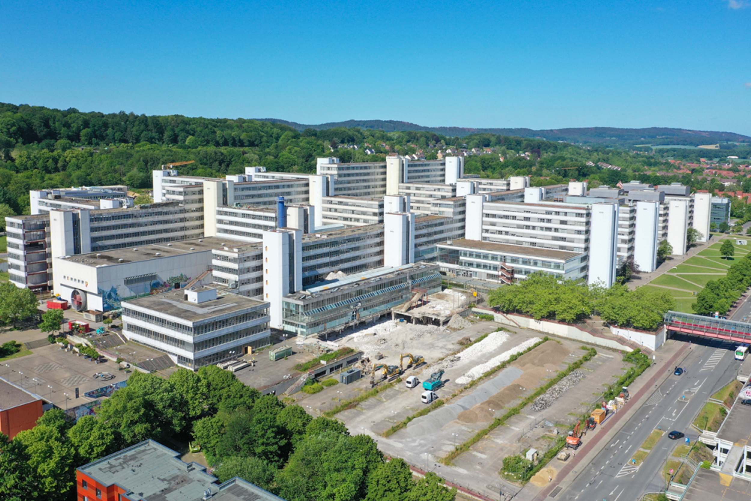 Aerial view of the demolition of the old refectory at the UHG
