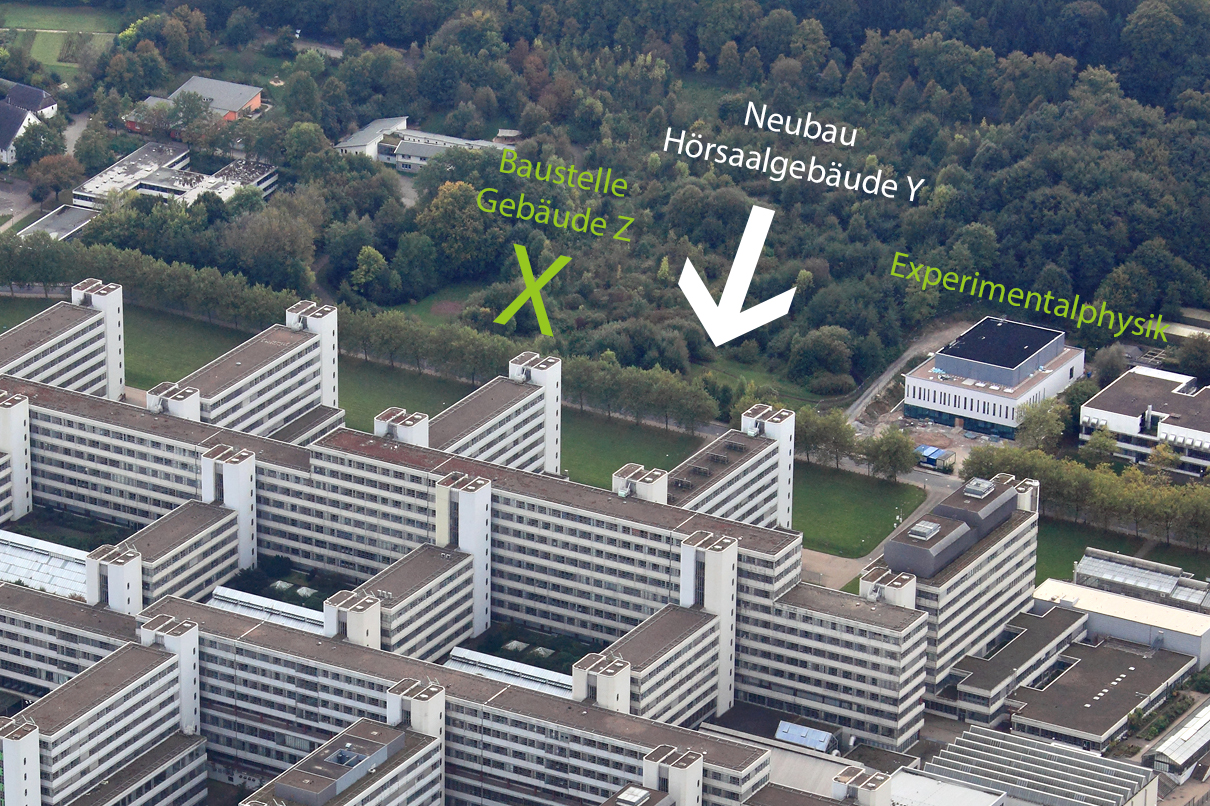 aerial photo of the main building with a mark at the places where the building Z and the Lecture Hall Building will be