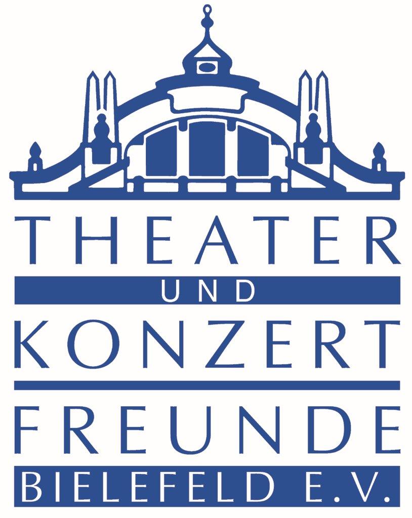 Stilisiertes Dach des Bielefelder Stadttheaters, darunter als "Gebäude" als Block der Schriftzug THEATER und KONZERT FREUNDE Bielefeld e.V. 