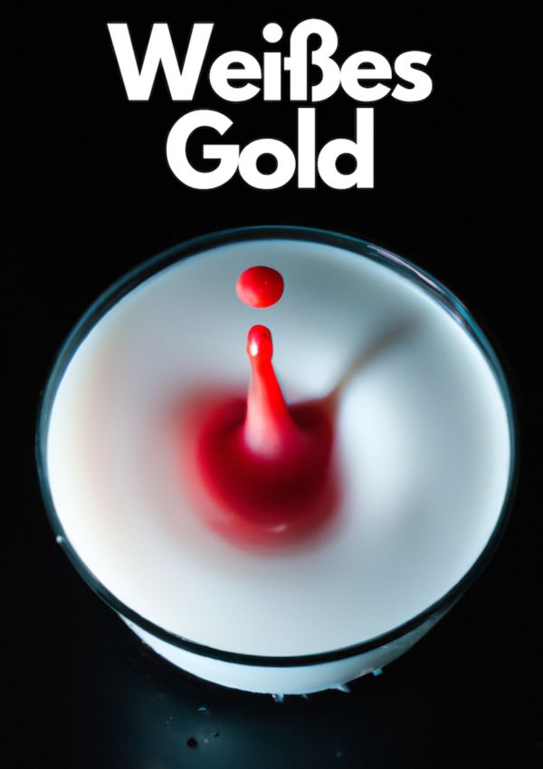 Ein roter Tropfen (möglicherweise Blut?) fällt in die Mitte eines Glases mit Milch. Darüber die Überschrift "Weißes Gold"