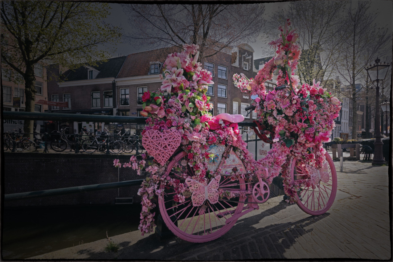 Rosa Fahrrad geschmückt mit rosa Blumen und romantischer Dekoration