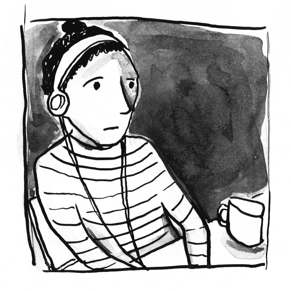 Comic: Eine Frau sitzt an einem Schreibtisch, sie trägt Kopfhörer