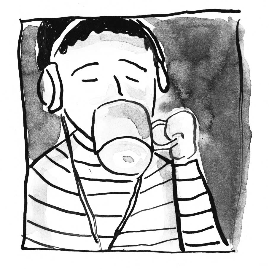 Comic: Die Frau trinkt aus einer Kaffeetasse und trägt Kopfhörer