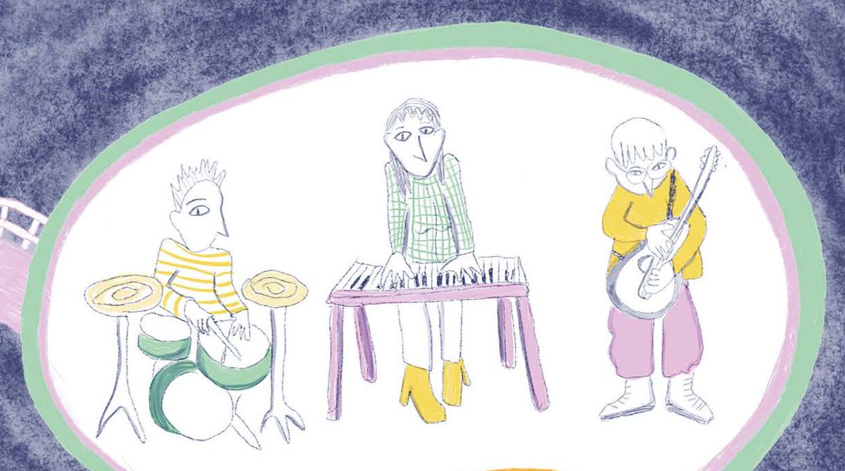 drei gezeichnete Musiker mit Schlagzeug, Keyboard und Gitarre