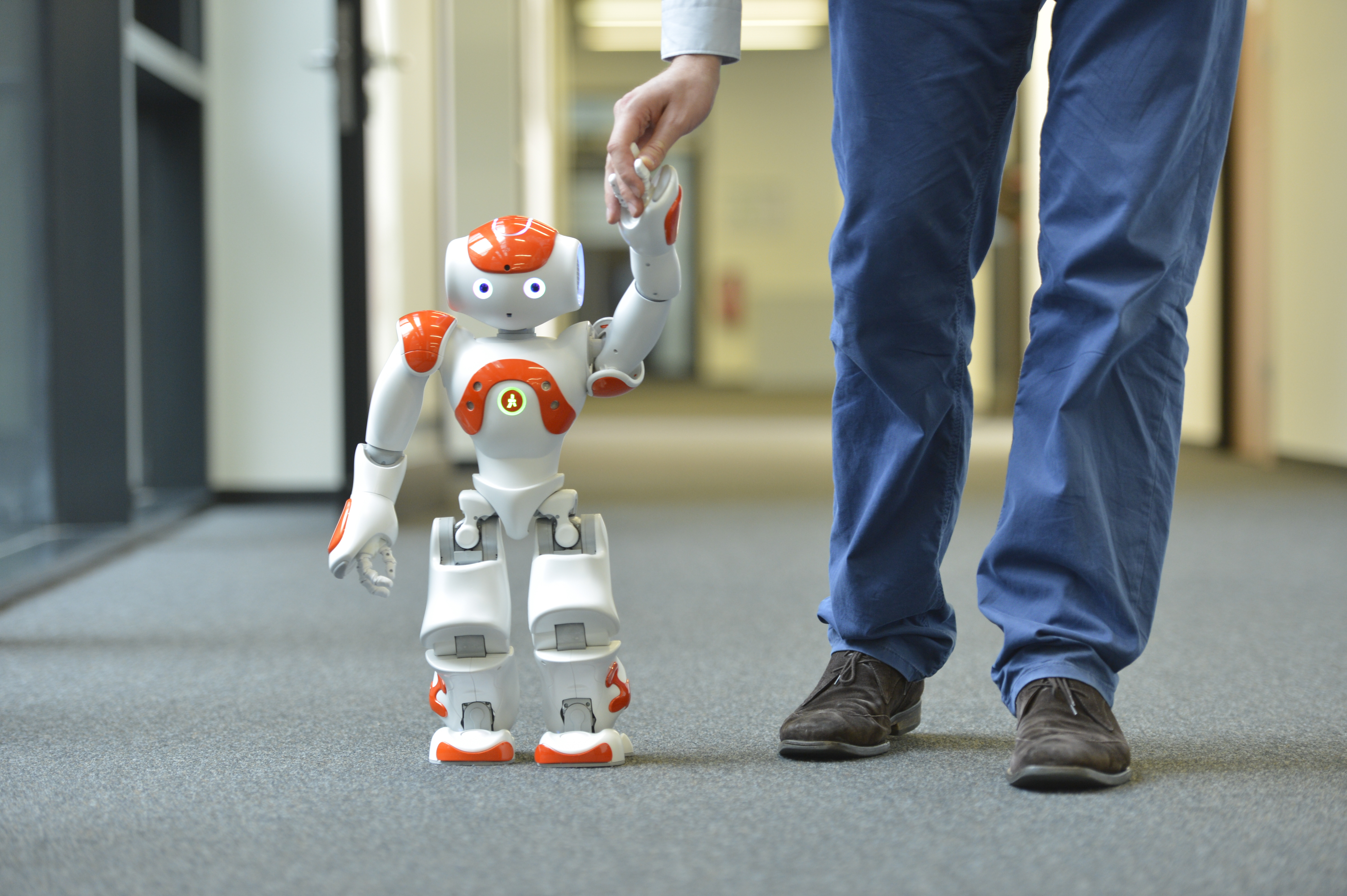 A small humanoid robot holds hands with a human as they walk down an aisle.