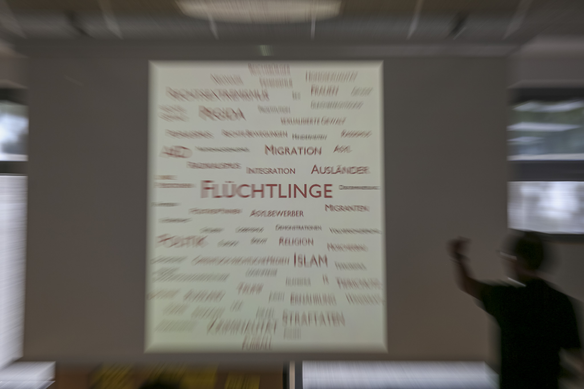 Foto von einer Präsentation mit Wortwolke von Themen, die an der ConflictA behandelt werden